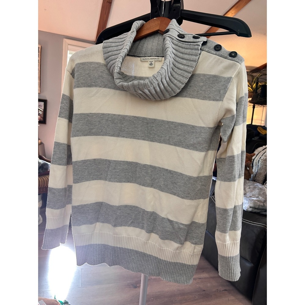 Banana Republic Petite M Striped Cowl Neck Sweater Grey Cream Button Shoulder